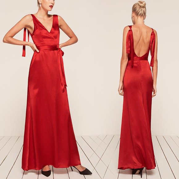 NWT Reformation Siena Satin Silk Cherry Red Maxi V-Neck Dress size 0 XS NEW - Picture 1 of 7